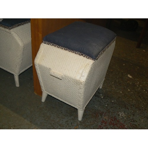 240 - LLOYD LOOM STYLE BLANKET BOX AND MATCHING WORKBOX/ SEWING BOX. PAINTED WHITE WITH NAVY FABRIC LIDS.