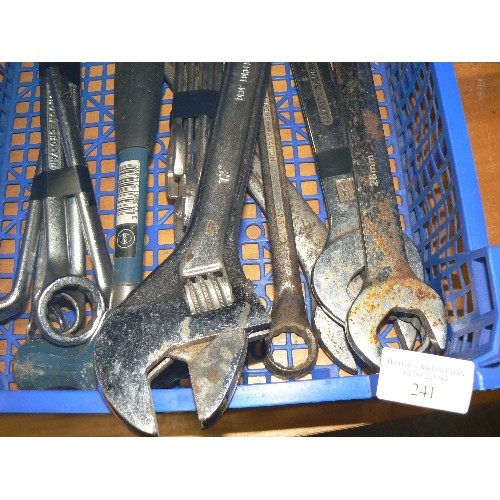 241 - CRATE OF LARGE COMBINATION SPANNERS, ADJUSTABLE WRENCH, DOUBLE-ENDED SPANNERS, RING SPANNERS, CLAW H... 