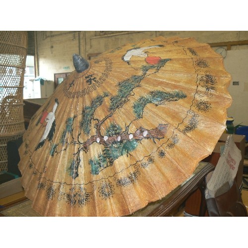 243 - LARGE VINTAGE BAMBOO PARASOL. TRADITIONAL ORIENTAL BIRD AND TREE DECORATION.