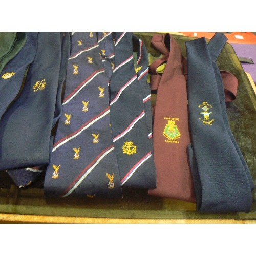 270 - MENS TIES WITH EMBLEMS. INCLUDES 50TH ANNIVERSARY-BURMA STAR, HMS COMUS 'LEAD ON APACE COMRADES'