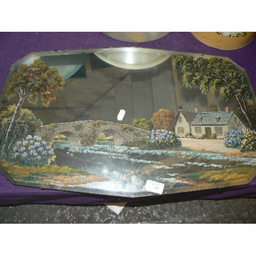 138 - HAND-PAINTED VINTAGE BEVELLED MIRROR. PRETTY COTTAGE BY A BRIDGE. WITH HANGING CHAIN.