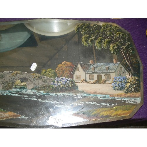 138 - HAND-PAINTED VINTAGE BEVELLED MIRROR. PRETTY COTTAGE BY A BRIDGE. WITH HANGING CHAIN.