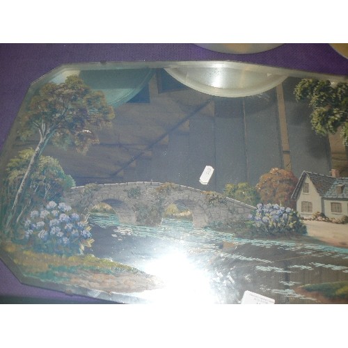 138 - HAND-PAINTED VINTAGE BEVELLED MIRROR. PRETTY COTTAGE BY A BRIDGE. WITH HANGING CHAIN.