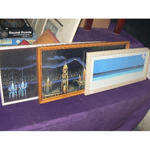 146 - SIGNED PRINT 'MOODY BLUES' BY PJ BARON? ALSO 2 X UNUSUAL PICTURES OF TRADITIONAL CHINESE BOATS IN HO... 