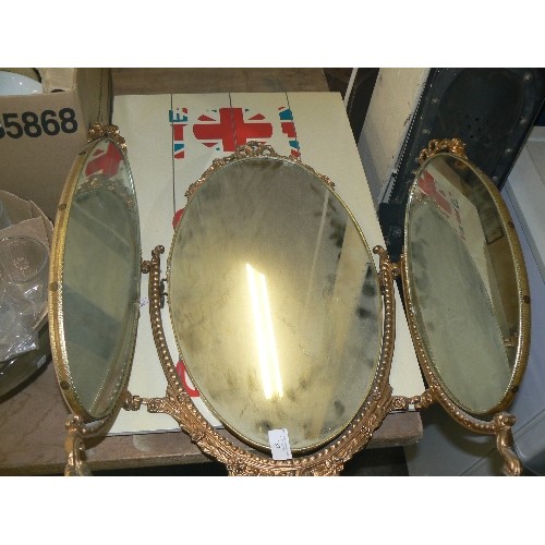 187 - VINTAGE ORNATE GILT FRAMED TRIPLE SECTION DRESSING TABLE MIRROR. OVALS. FREE-STANDING. A COUPLE OF S... 