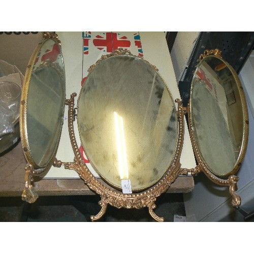 187 - VINTAGE ORNATE GILT FRAMED TRIPLE SECTION DRESSING TABLE MIRROR. OVALS. FREE-STANDING. A COUPLE OF S... 