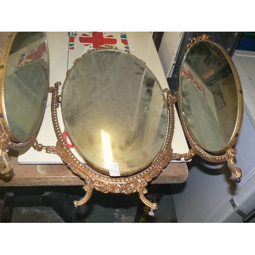 187 - VINTAGE ORNATE GILT FRAMED TRIPLE SECTION DRESSING TABLE MIRROR. OVALS. FREE-STANDING. A COUPLE OF S... 