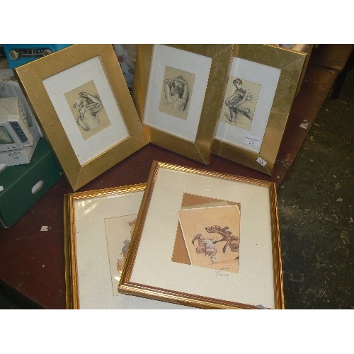 201 - SIGNED 'MINTER KEMP' COMICAL ANIMAL PRINTS X 2. ALSO  3 X PRINTS- DRAWINGS OF A BALLET DANCER & 2 OT... 