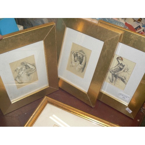 201 - SIGNED 'MINTER KEMP' COMICAL ANIMAL PRINTS X 2. ALSO  3 X PRINTS- DRAWINGS OF A BALLET DANCER & 2 OT... 