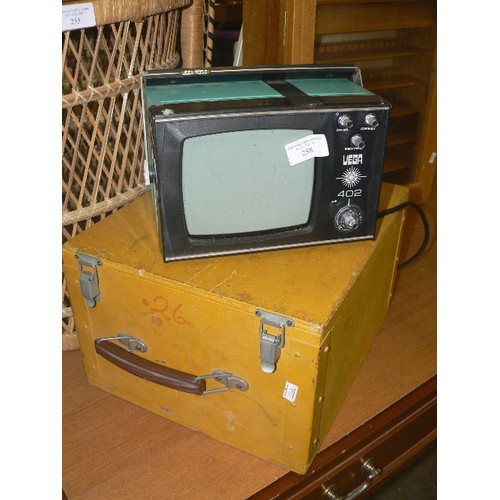 258 - VINTAGE PORTABLE TRANSISTER TELEVISION SET. VEGA 4020. RUSSIAN-MADE. WITH INSULATED WOODEN CARRY BOX... 