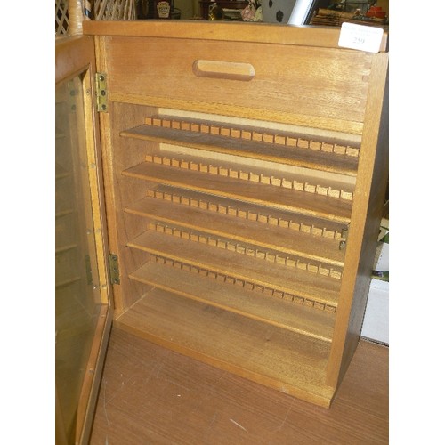 259 - WELL-MADE WOODEN DISPLAY CABINET WITH 5 SHALLOW SHELVES AND A TOP DRAWER. CAN BE WALL HUNG. THE BACK... 