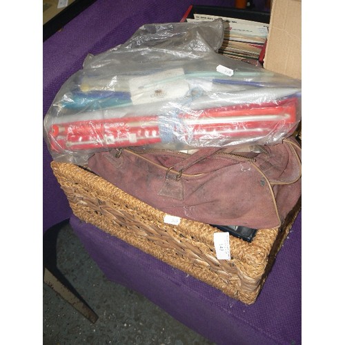 143 - QUANTITY OF VINTAGE KNITTING PATTERNS, KNITTING NEEDLES, BUTTONS ETC ETC, CONTAINED IN A BASKET AND ... 