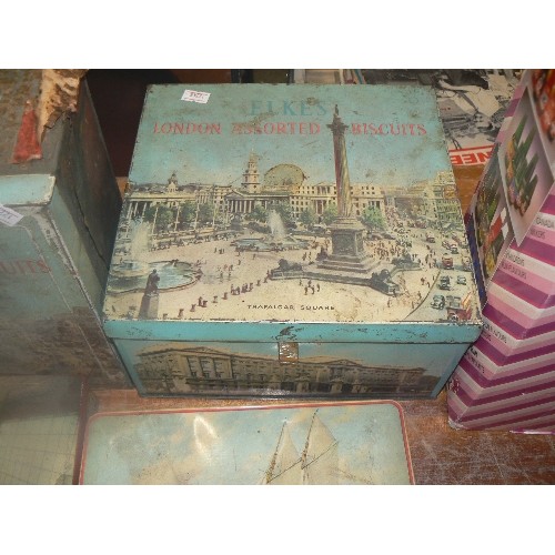 280 - 8 X VINTAGE TINS. ELKES LONDON ASSORTED BISCUITS WITH TRAFALGAR SQUARE ON THE LID & OTHER LONDON SIG... 