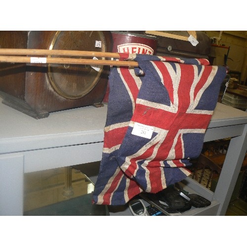 281 - 2 SMALL VINTAGE UNION JACK FLAGS/PENNANTS ON WOODEN CANES. 'BRITISH-MADE'