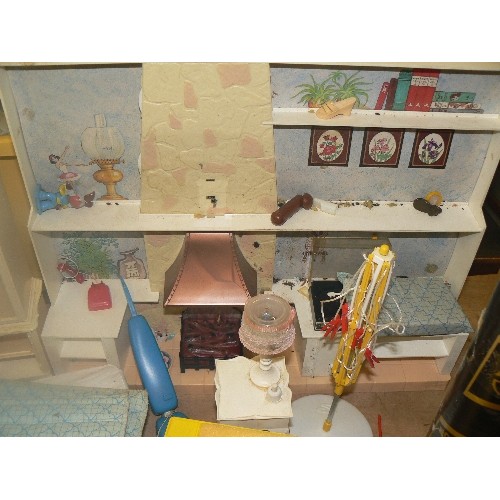 303 - 1970'S SINDY HOUSE WITH FURNITURE, INC ROTARY DRIER AND IRONING BOARD. ALSO 7 X SINDY DOLLS.