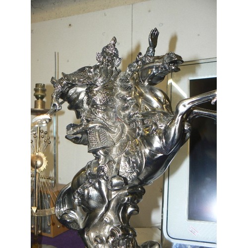 100 - LARGE AND IMPOSING SILVERED CHINESE WARRIOR ON REARING HORSE. 20TH CENTURY CAST METAL. HIGHLY DETAIL... 