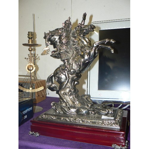 100 - LARGE AND IMPOSING SILVERED CHINESE WARRIOR ON REARING HORSE. 20TH CENTURY CAST METAL. HIGHLY DETAIL... 