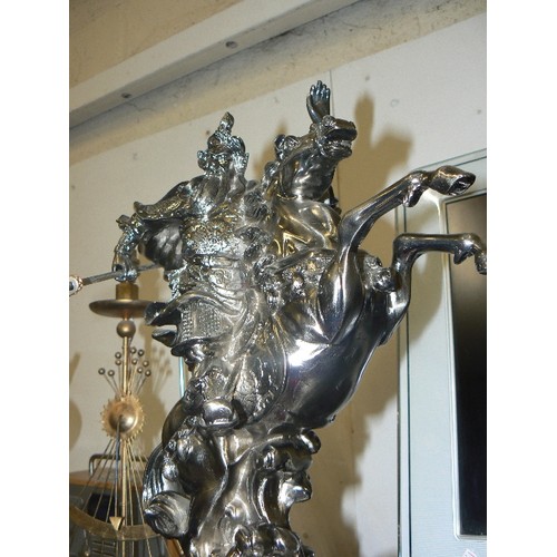 100 - LARGE AND IMPOSING SILVERED CHINESE WARRIOR ON REARING HORSE. 20TH CENTURY CAST METAL. HIGHLY DETAIL... 