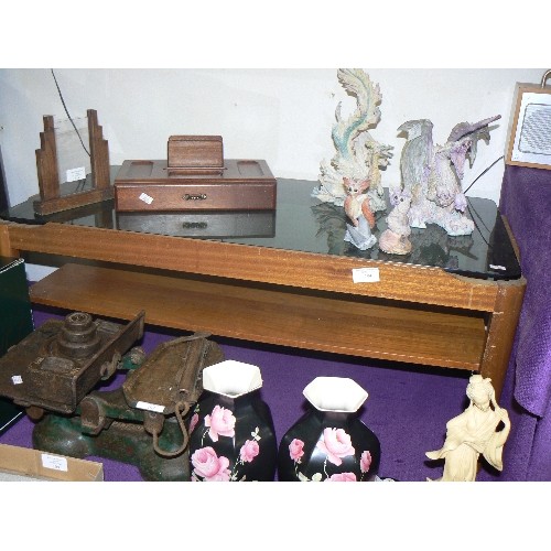 104 - RETRO COFFEE TABLE, WITH SHELF UNDER. BLACK TINTED GLASS TOP.