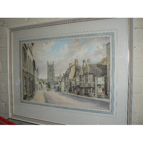 144 - WATERCOLOUR BY CYRIL J MAYES. STAMFORD HIGH STREET. FRAMED/GLAZED.