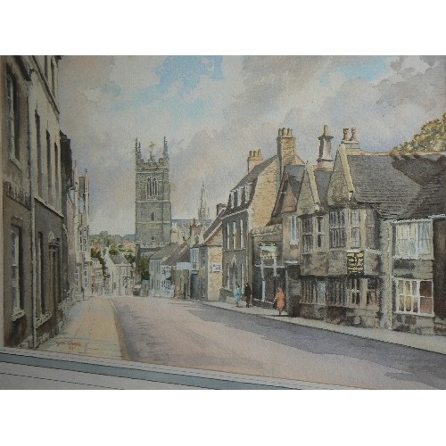 144 - WATERCOLOUR BY CYRIL J MAYES. STAMFORD HIGH STREET. FRAMED/GLAZED.