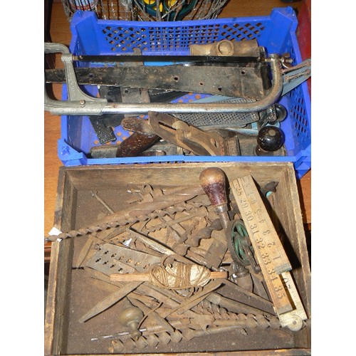 229 - 2 TRAYS OF TRADITIONAL MIXED TOOLS, INC DRILL BITS, IMPERIAL FOLDING RULER, SMALL DRILL, PLANE ETC.