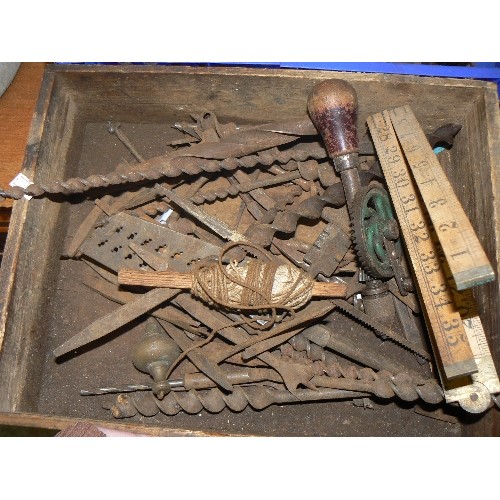 229 - 2 TRAYS OF TRADITIONAL MIXED TOOLS, INC DRILL BITS, IMPERIAL FOLDING RULER, SMALL DRILL, PLANE ETC.