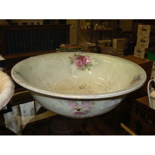 296 - 2 X LARGE VINTAGE BEDROOM WASH BOWLS WITH PINK ROSE DETAIL.