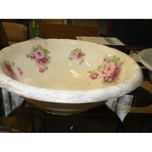 296 - 2 X LARGE VINTAGE BEDROOM WASH BOWLS WITH PINK ROSE DETAIL.