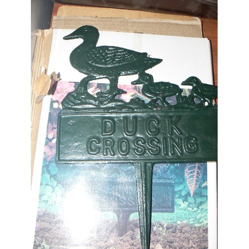 312 - 2 X CAST IRON GARDEN SIGNS ON STAKES. NEW/BOXED AND PAINTED GREEN. 'BUNNY CROSSING' AND 'DUCK CROSSI... 