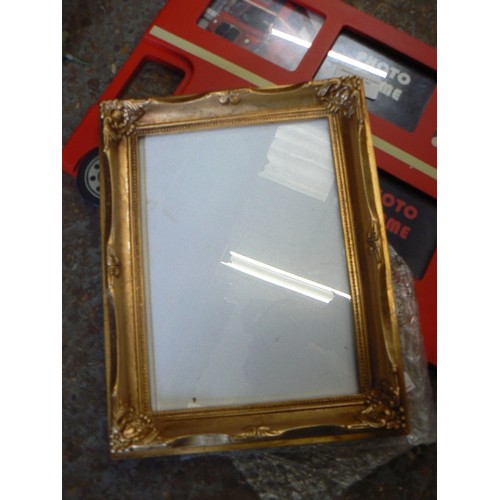 348 - LONDON BUS PHOTO-FRAME, ALSO 6 FURTHER PHOTO-FRAMES IN NEW CONDITION, 5 OF WHICH ARE GILT.