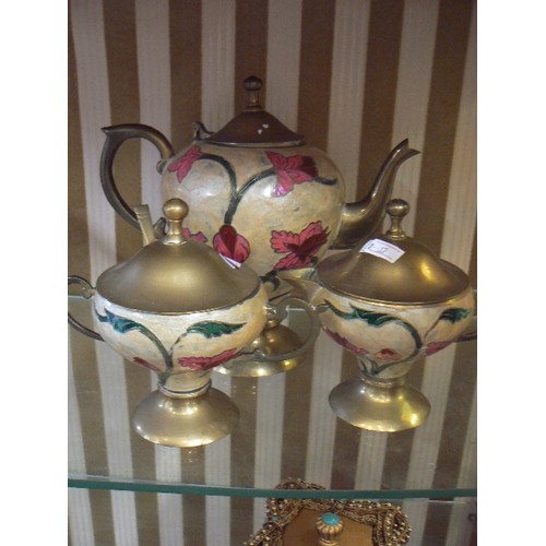 353 - HEAVY VINTAGE BRASS AND ENAMEL TEASET.