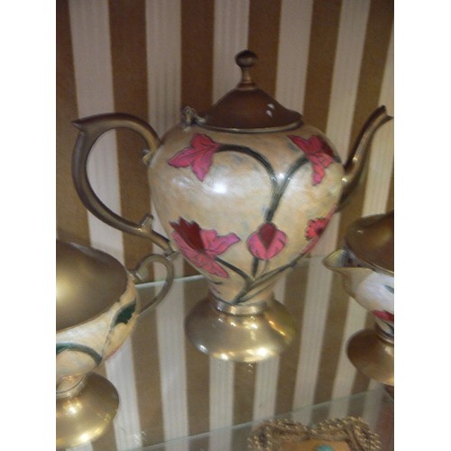 353 - HEAVY VINTAGE BRASS AND ENAMEL TEASET.