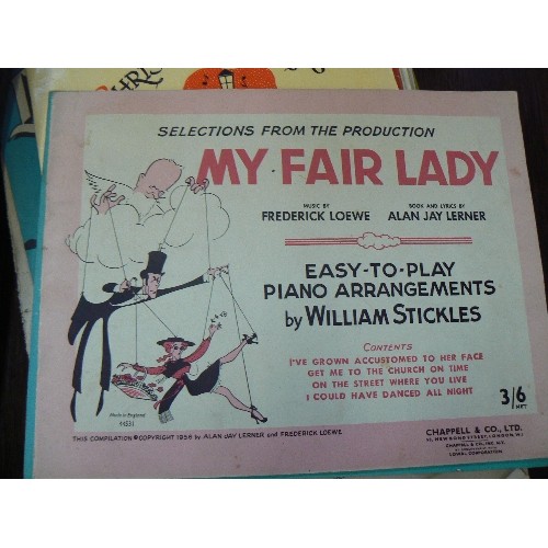 376 - VINTAGE MUSIC SHEETS. INCLUDES JINGLE BELLS, LARGO IN G, MY FAIR LADY, SOME MUSIC BOOKS FOR A SCHOOL... 