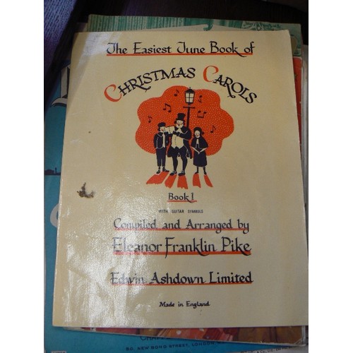 376 - VINTAGE MUSIC SHEETS. INCLUDES JINGLE BELLS, LARGO IN G, MY FAIR LADY, SOME MUSIC BOOKS FOR A SCHOOL... 