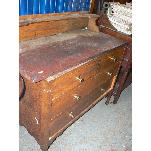 377 - LARGE MARBLE TOPPED VINTAGE WASH-STAND/DRESSING TABLE, WITH TEAL TILED BACKSTAND. 4 DRAWERS.