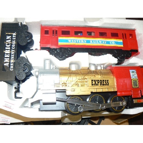 378 - UNION EXPRESS TRAIN SET. ENGINE, COACH, TENDER, TRACKS, PLASTIC FIGURES, TREES. APPEARS NEW WITH BOX... 