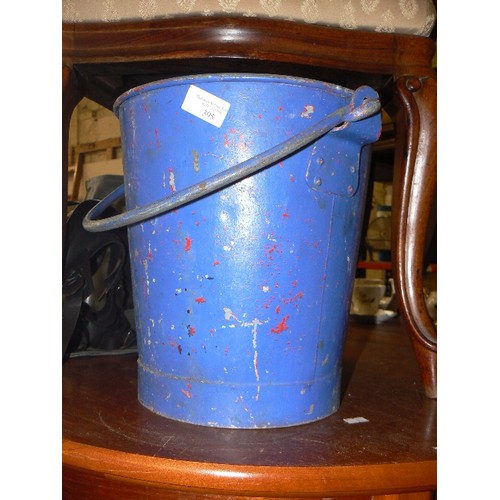 395 - GALVANISED FIRE BUCKET. STAMPED 'E-R[WITH CROWN] LH & CO 1957. PAINTED BLUE, & SOMEONE HAS ADDED 'KI... 