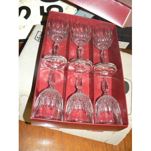 403 - DRINKING GLASSES, ALL BOXED. FRUIT SET, SHERRY, CRYSTAL WINE GLASSES. ALL APPEAR UNUSED.