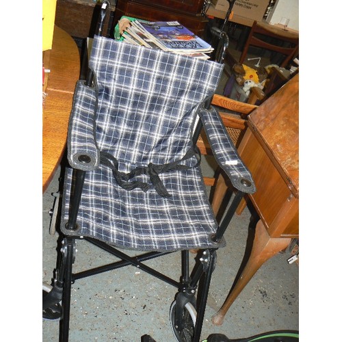 405 - LIGHTWEIGHT FOLDING WHEELCHAIR, TARTAN FABRIC. APPEARS UNUSED.