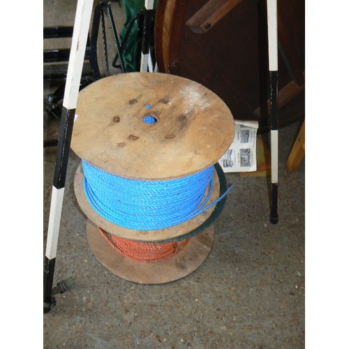 440 - 2 LARGE REELS OF NYLON ROPE. PART-USED. 1 BLUE[ALMOST FULL]  AND 1 ORANGE[LESS FULL]