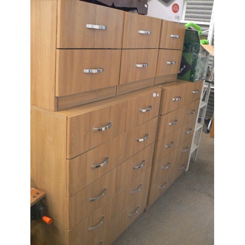 458 - PAIR OF BEECH EFFECT 6 DRAWER CHESTS, ALSO 3 X MATCHING 2 DRAWER BEDSIDES.