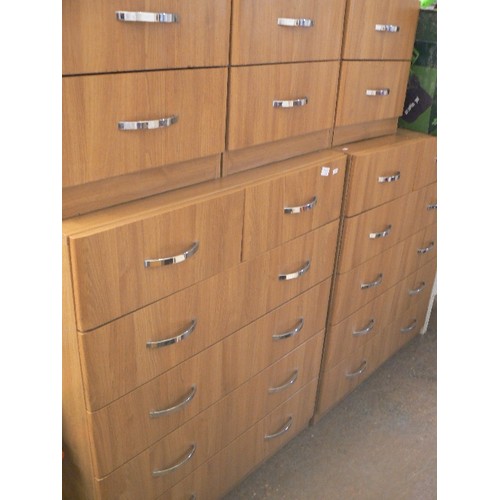 458 - PAIR OF BEECH EFFECT 6 DRAWER CHESTS, ALSO 3 X MATCHING 2 DRAWER BEDSIDES.