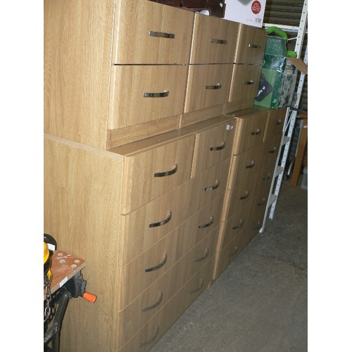 458 - PAIR OF BEECH EFFECT 6 DRAWER CHESTS, ALSO 3 X MATCHING 2 DRAWER BEDSIDES.