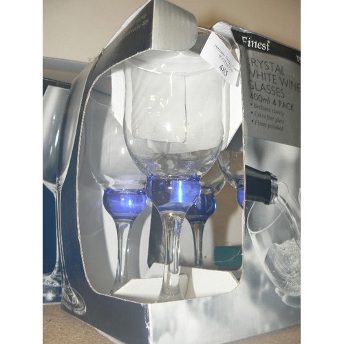 485 - LARGE WINE GLASSES. TESCO FINEST. 6 X CRYSTAL. 6 X CLEAR WITH BLUE NECK. SOME WITH BOXES. APPEAR  UN... 