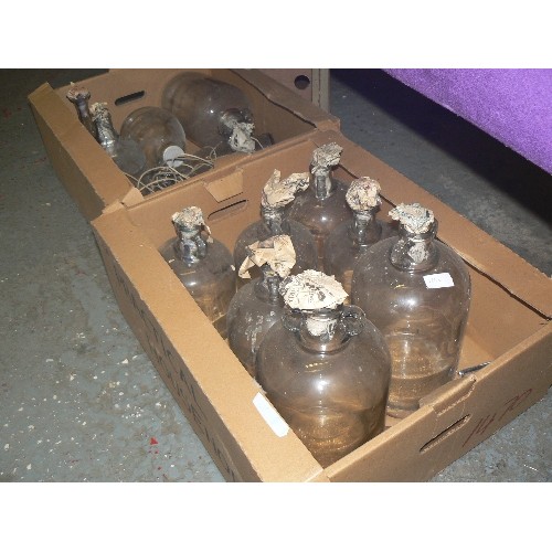 164C - 2 BOXES OF CLEAR GLASS DEMI JOHNS AND GLASS BOTTLES