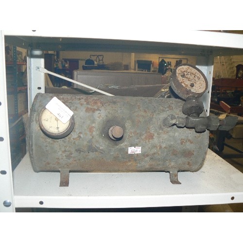 461 - VINTAGE TESTING COMPRESSER, AIR TANK, WITH MANUAL PUMP AND AIR GUAGES. FOR TESTING BOILERS