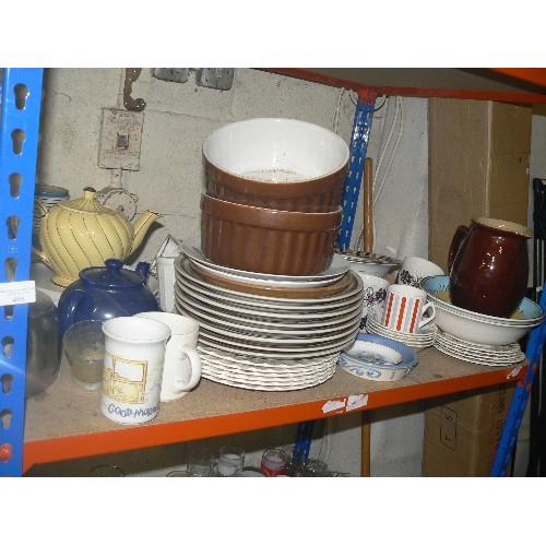 495 - SHELF OF MIXED CHINA , DENBY PLATES AND JUG, TEAPOTS, BOWLS ETC