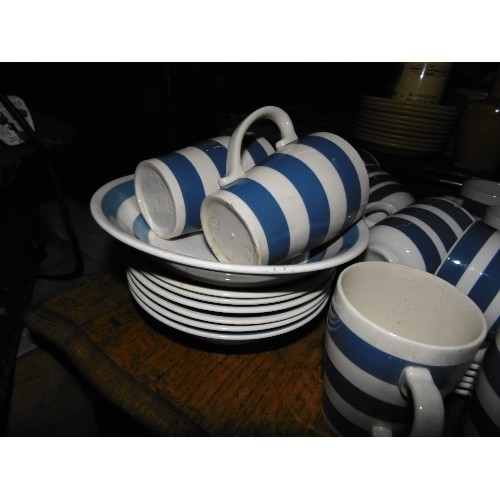 265 - STAFFORDSHIRE 'CHEF WARE' CUPS, SAUCERS, SIDE PLATES & BOWLS IN BLUE AND WHITE STRIPE.