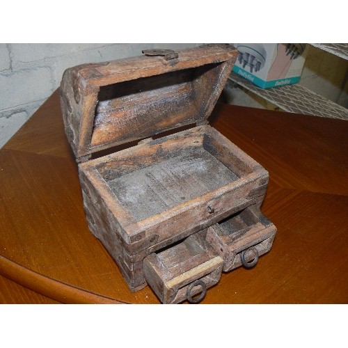 164 - SMALL CARVED RUSTIC TREASURE CHEST.